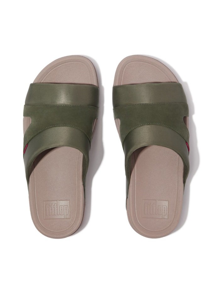 049-825 Fitflop Men Sandals Freeway Iii Mens Leather-Mix Slides - Safari Green GV4-C80 Green