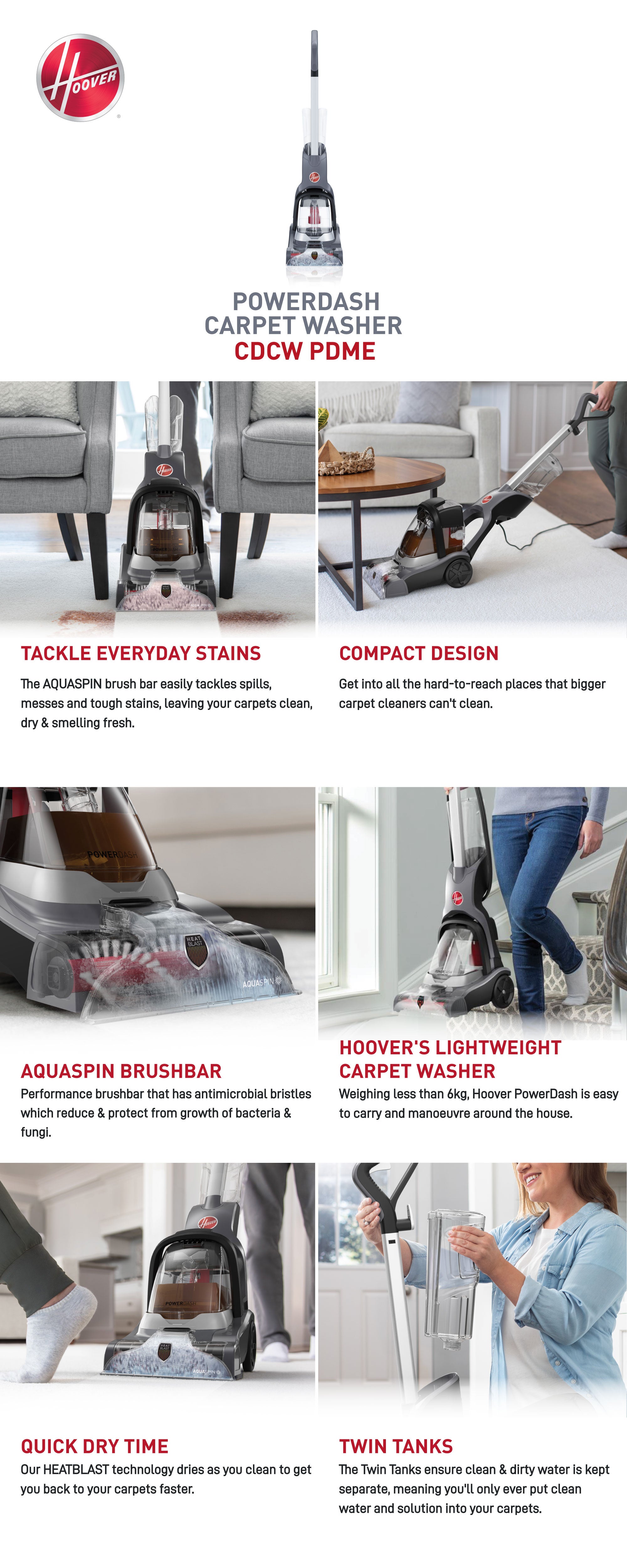 PowerDash Compact Carpet Cleaner CDCW-PDME for Carpet, Upholstery & More With AQUASPIN Brush Bar Easily Removes Spills, Messes & Tough Stains 2.27 L 800 W CDCW-PDME Grey