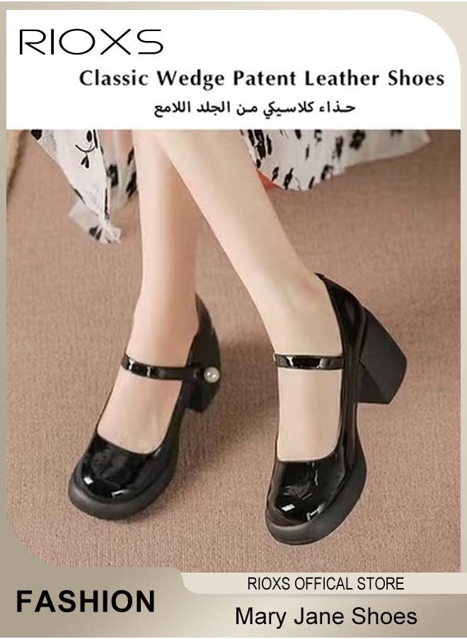 Women's Classic Patent Leather Shoes, Ankle Strap Mary Jane Shoes, Casual Lightweight Round Toe Shoes, 6.5cm Elegant Mary Janes Heels, Perfect Companion for Any Outfit, Easy to Wear for All Day Long