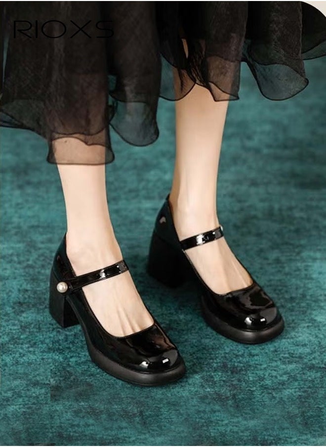 Women's Classic Patent Leather Shoes, Ankle Strap Mary Jane Shoes, Casual Lightweight Round Toe Shoes, 6.5cm Elegant Mary Janes Heels, Perfect Companion for Any Outfit, Easy to Wear for All Day Long