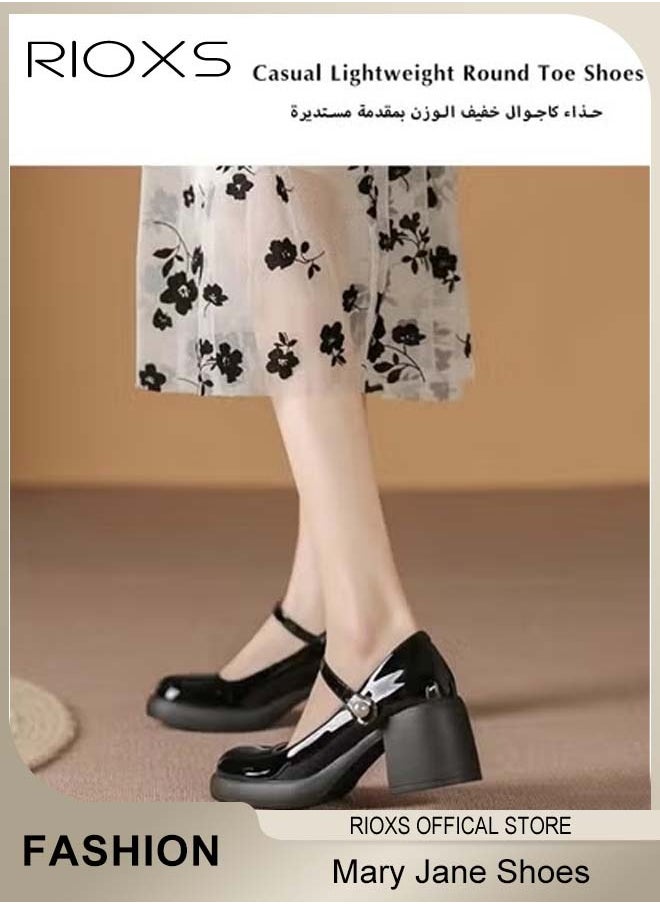 Women's Classic Patent Leather Shoes, Ankle Strap Mary Jane Shoes, Casual Lightweight Round Toe Shoes, 6.5cm Elegant Mary Janes Heels, Perfect Companion for Any Outfit, Easy to Wear for All Day Long