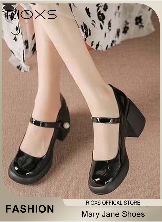 Women's Classic Patent Leather Shoes, Ankle Strap Mary Jane Shoes, Casual Lightweight Round Toe Shoes, 6.5cm Elegant Mary Janes Heels, Perfect Companion for Any Outfit, Easy to Wear for All Day Long