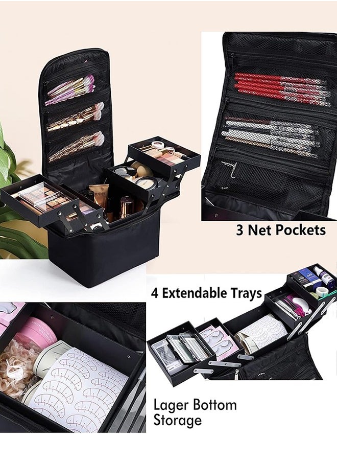 Large Makeup Carrying Train Case for Women, Black Travel Bag Storage Box,4 Tier Professional Nail Organizer Case with Adjustable Dividers for Nail Tools Jewelry MakeUp Brushes