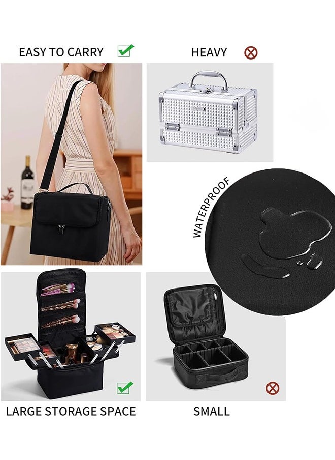 Large Makeup Carrying Train Case for Women, Black Travel Bag Storage Box,4 Tier Professional Nail Organizer Case with Adjustable Dividers for Nail Tools Jewelry MakeUp Brushes