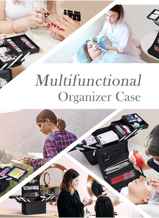 Large Makeup Carrying Train Case for Women, Black Travel Bag Storage Box,4 Tier Professional Nail Organizer Case with Adjustable Dividers for Nail Tools Jewelry MakeUp Brushes
