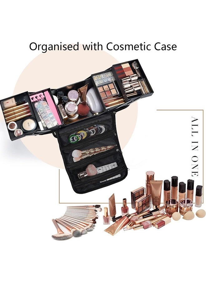 Large Makeup Carrying Train Case for Women, Black Travel Bag Storage Box,4 Tier Professional Nail Organizer Case with Adjustable Dividers for Nail Tools Jewelry MakeUp Brushes