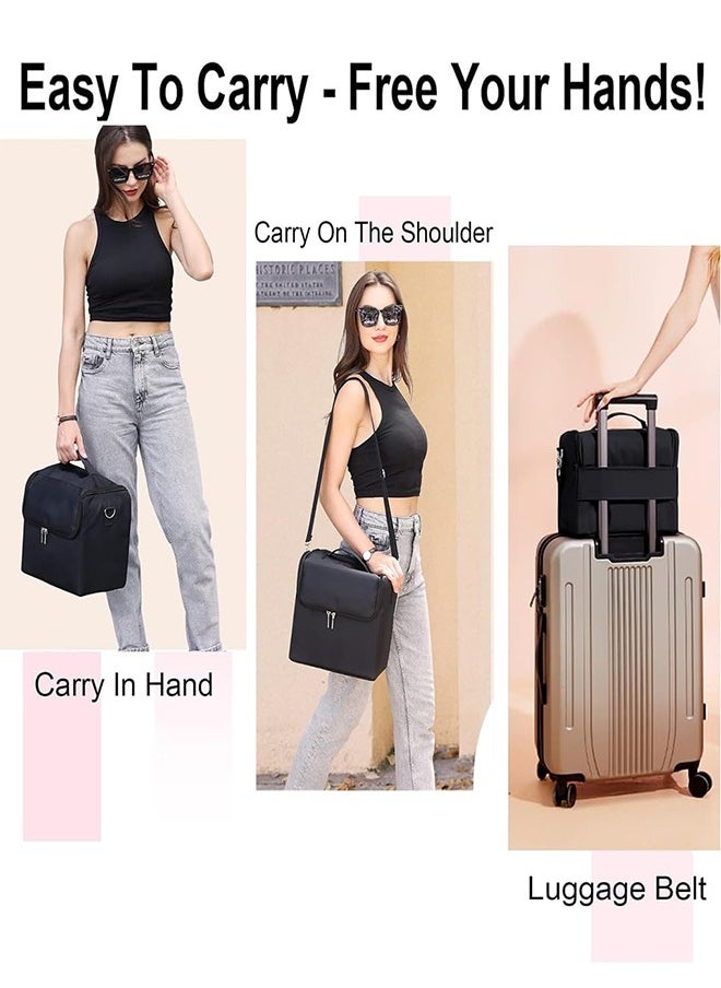 Large Makeup Carrying Train Case for Women, Black Travel Bag Storage Box,4 Tier Professional Nail Organizer Case with Adjustable Dividers for Nail Tools Jewelry MakeUp Brushes