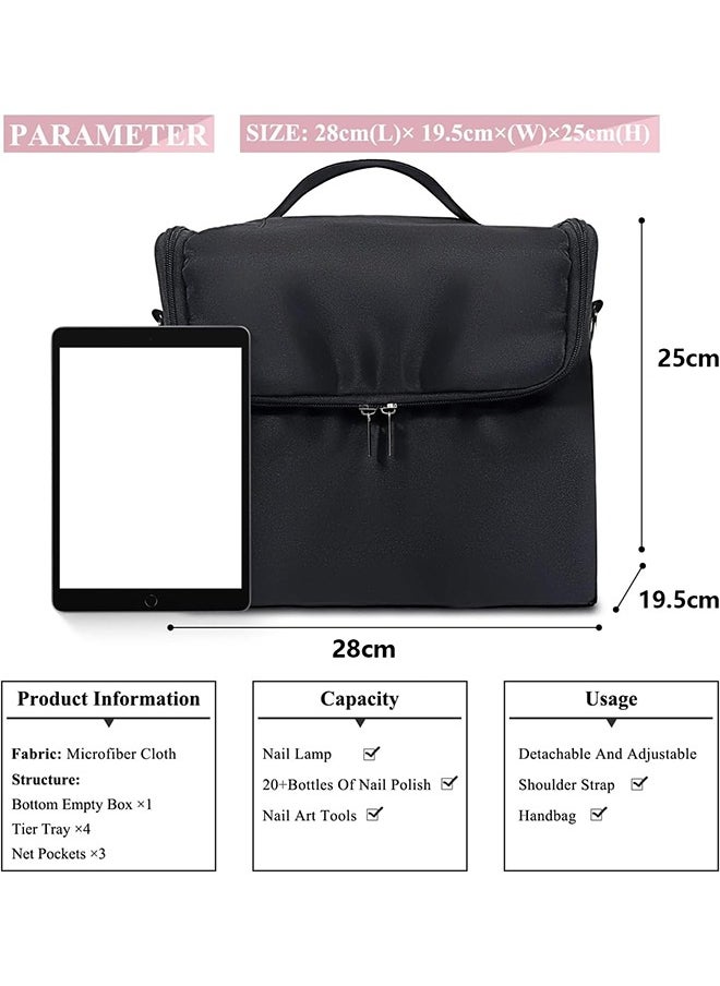 Large Makeup Carrying Train Case for Women, Black Travel Bag Storage Box,4 Tier Professional Nail Organizer Case with Adjustable Dividers for Nail Tools Jewelry MakeUp Brushes