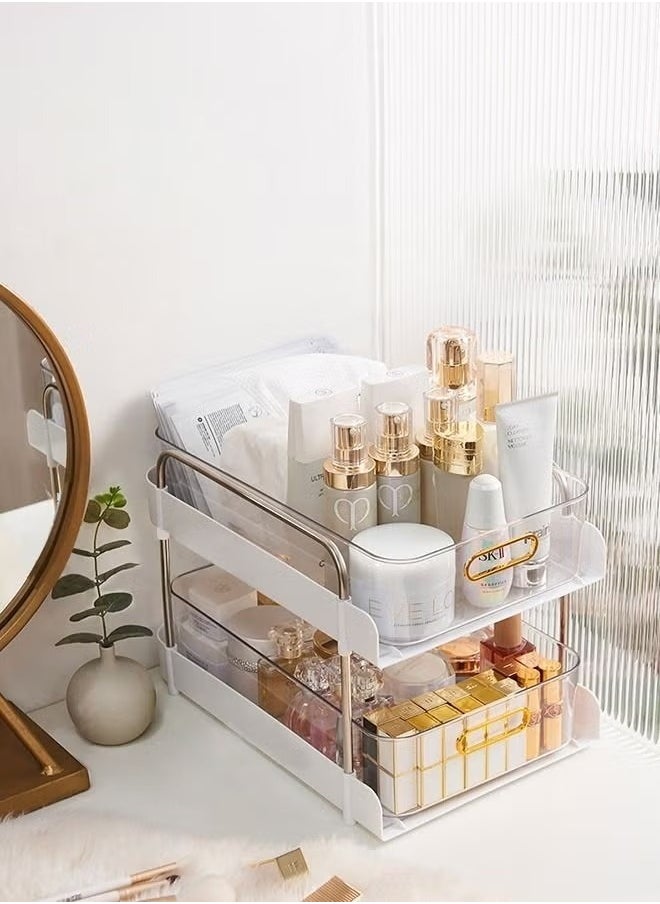 2-Tier Makeup Organizer Under Sink Organizer Storage Shelf With Clear Sliding Baskets and Pull Out Drawer For Kitchen Bathroom Bedroom Office