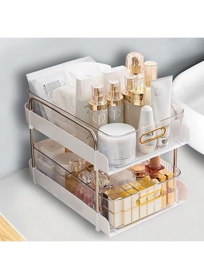 2-Tier Makeup Organizer Under Sink Organizer Storage Shelf With Clear Sliding Baskets and Pull Out Drawer For Kitchen Bathroom Bedroom Office