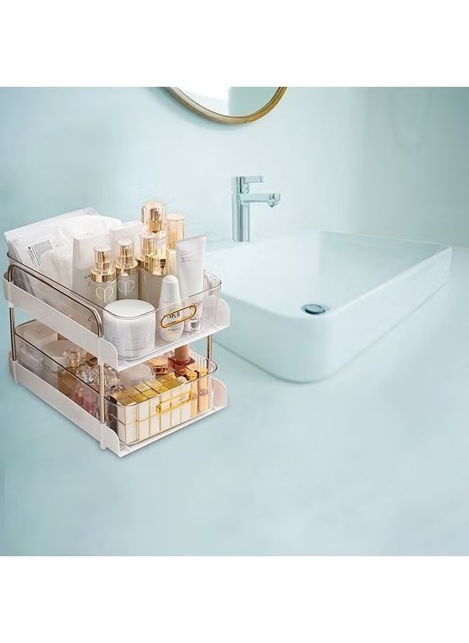 2-Tier Makeup Organizer Under Sink Organizer Storage Shelf With Clear Sliding Baskets and Pull Out Drawer For Kitchen Bathroom Bedroom Office