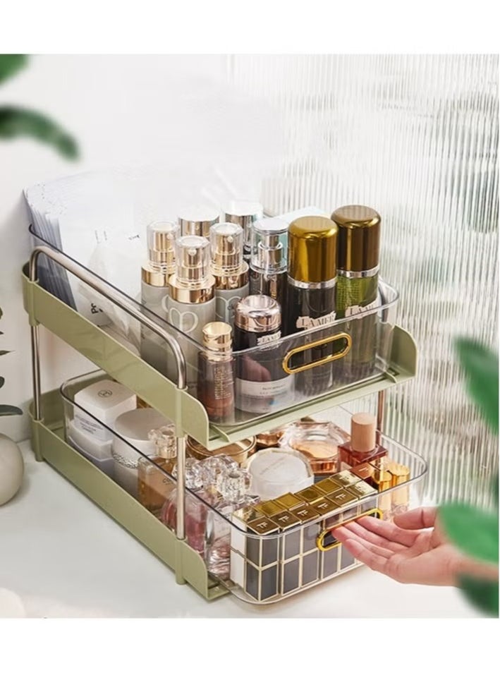 2-Tier Makeup Organizer Under Sink Organizer Storage Shelf With Clear Sliding Baskets and Pull Out Drawer For Kitchen Bathroom Bedroom Office
