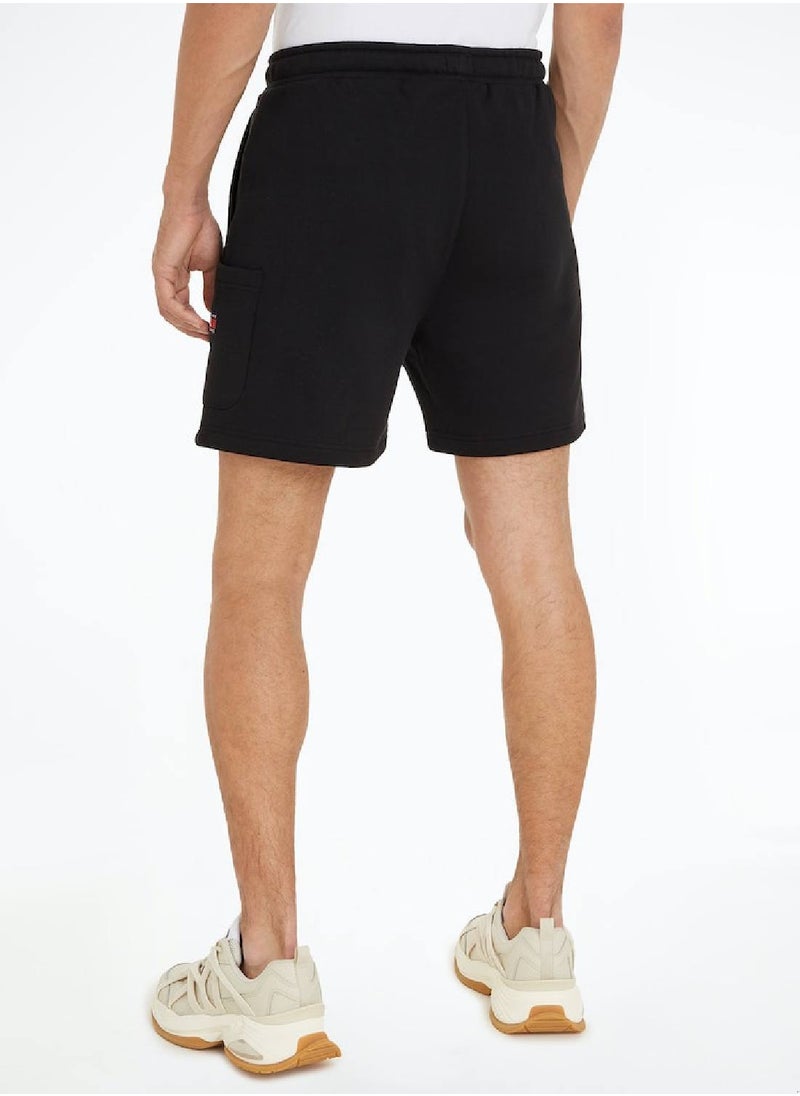 Men's Badge Brushed Terry Cargo Shorts -  Pure brushed cotton terry, Black