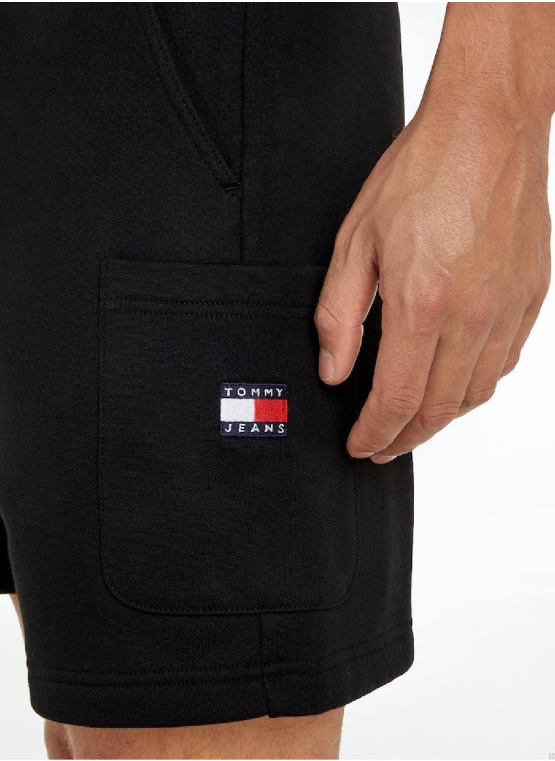 Men's Badge Brushed Terry Cargo Shorts -  Pure brushed cotton terry, Black