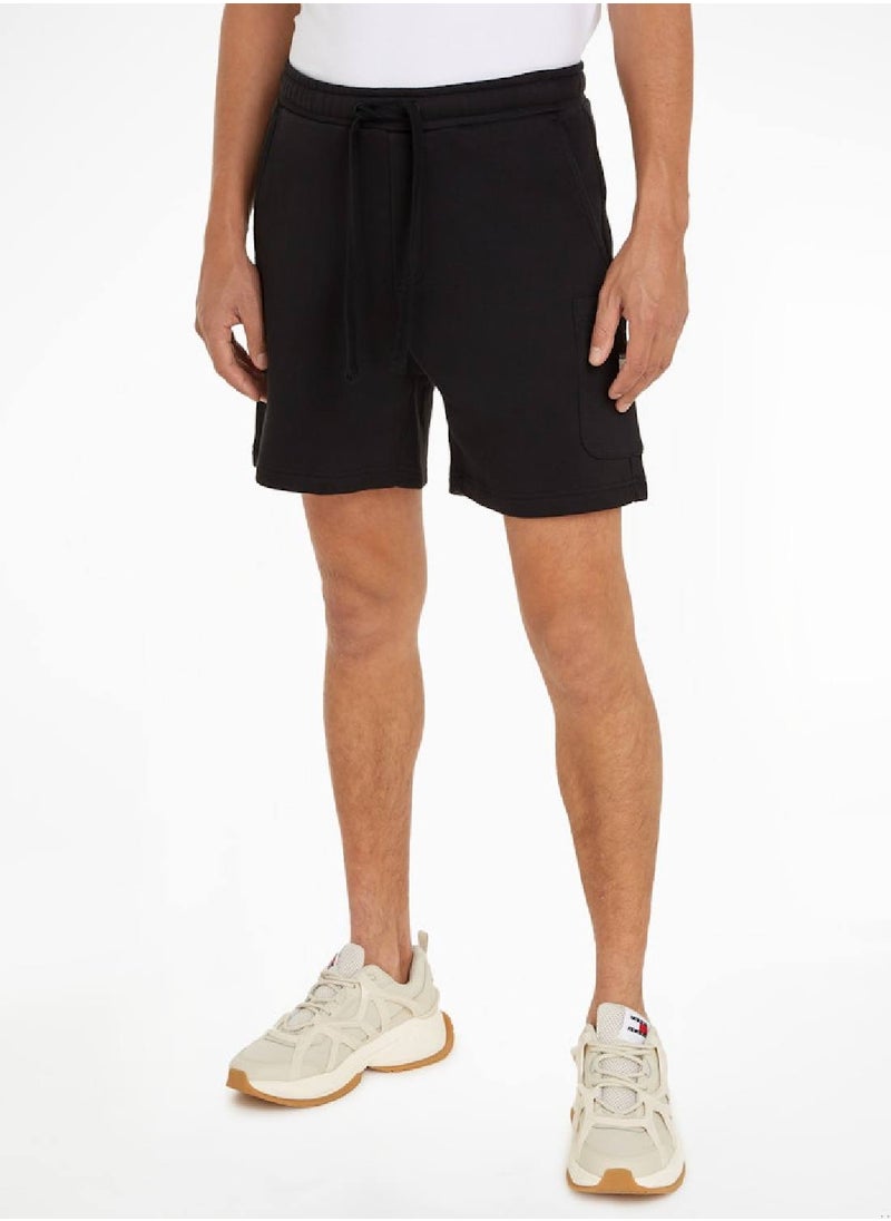 Men's Badge Brushed Terry Cargo Shorts -  Pure brushed cotton terry, Black
