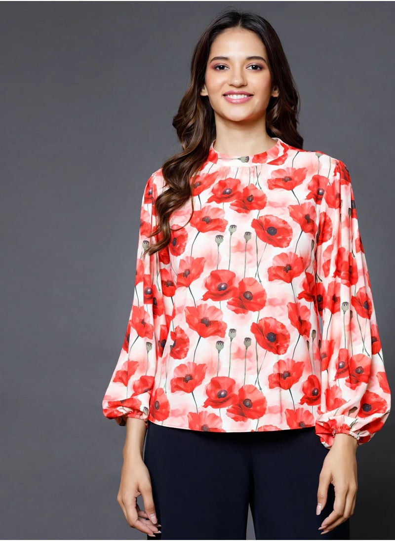 Long sleeve Red Printed Top