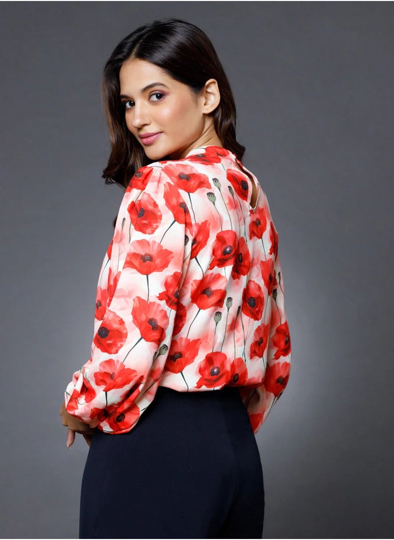 Long sleeve Red Printed Top