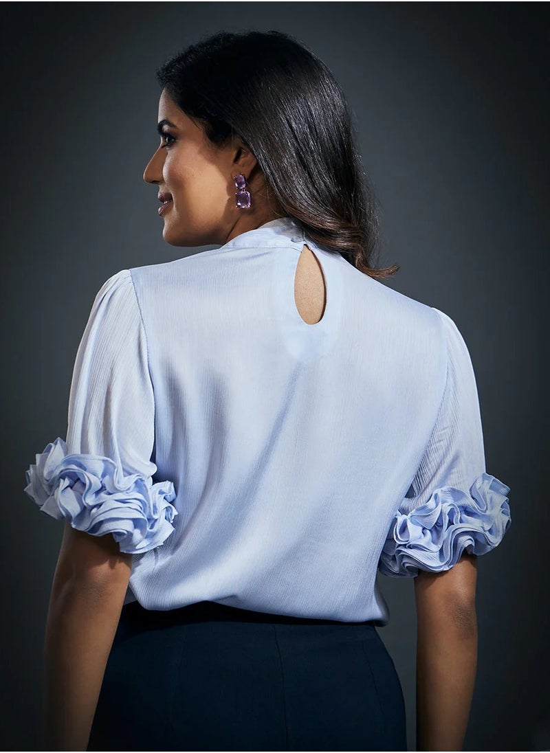 Sleeve Frilled Satin Half Sleeve Top-Blue