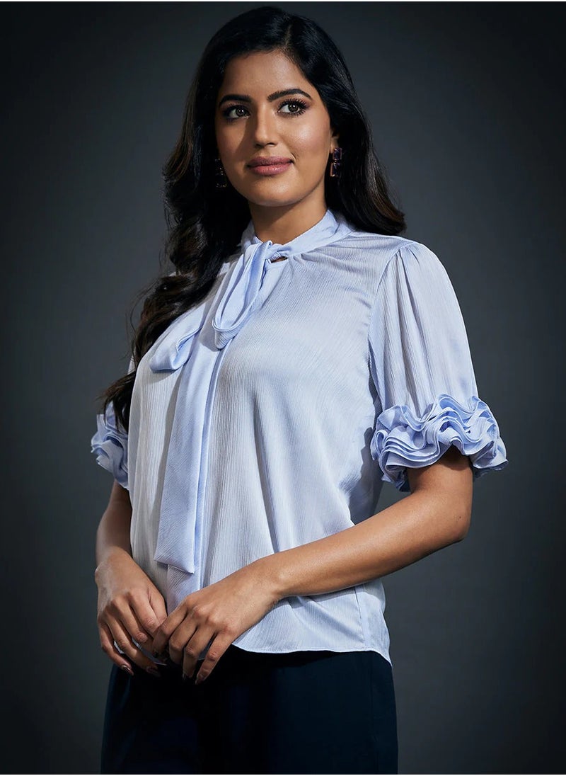 Sleeve Frilled Satin Half Sleeve Top-Blue