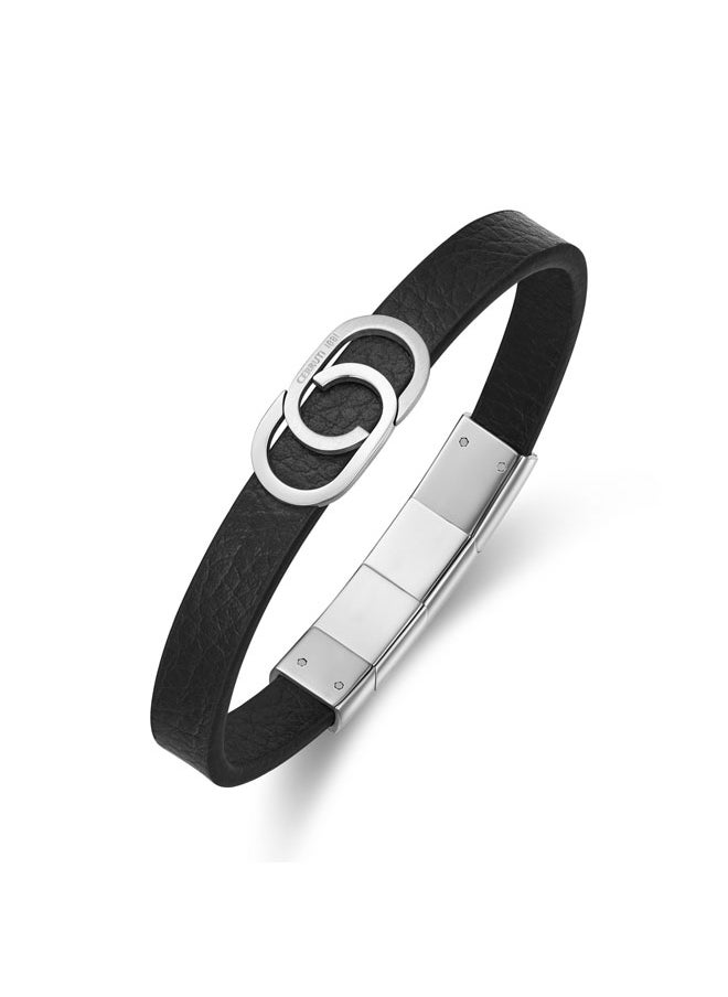 Bruno Stainless Steel Black Leather Bracelet for Men