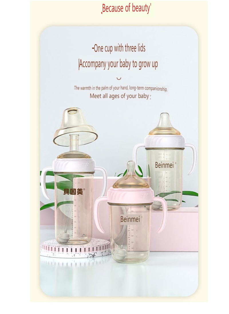 Weaning and drinking water cup for newborn babies aged 1-3 and above. Imitation breast milk straw, anti bloating juice bottle, pink 320ml imitation breast milk bottle, one cup with three lids: nipple, duckbill, and bite nozzle