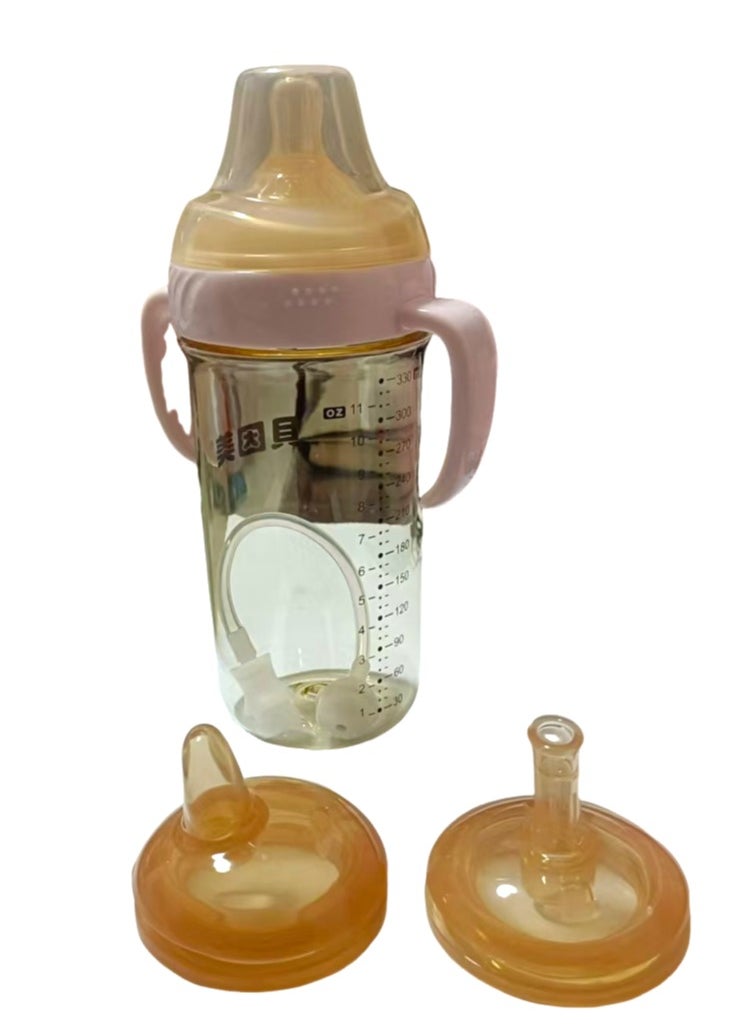 Weaning and drinking water cup for newborn babies aged 1-3 and above. Imitation breast milk straw, anti bloating juice bottle, pink 320ml imitation breast milk bottle, one cup with three lids: nipple, duckbill, and bite nozzle