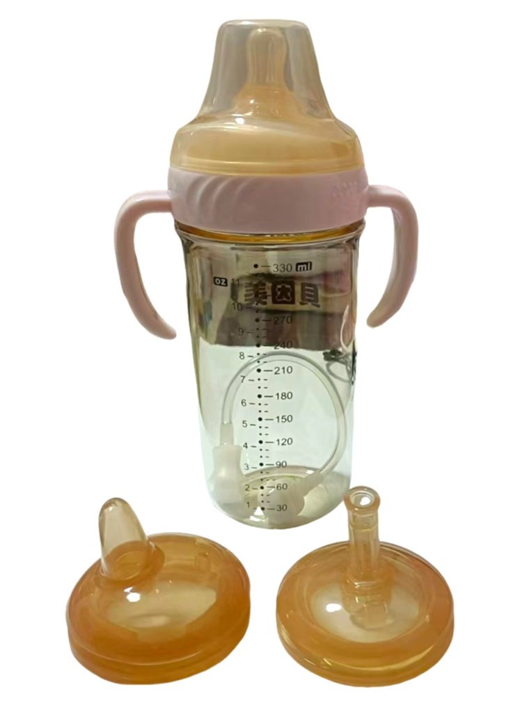 Weaning and drinking water cup for newborn babies aged 1-3 and above. Imitation breast milk straw, anti bloating juice bottle, pink 320ml imitation breast milk bottle, one cup with three lids: nipple, duckbill, and bite nozzle