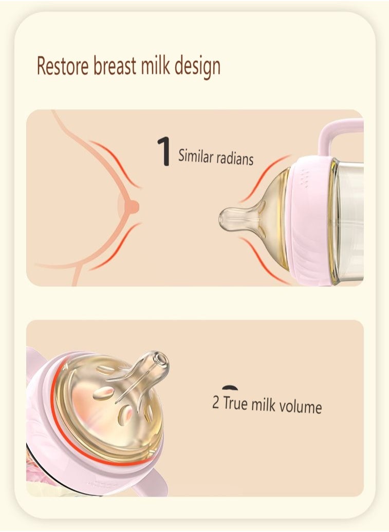 Weaning and drinking water cup for newborn babies aged 1-3 and above. Imitation breast milk straw, anti bloating juice bottle, pink 320ml imitation breast milk bottle, one cup with three lids: nipple, duckbill, and bite nozzle