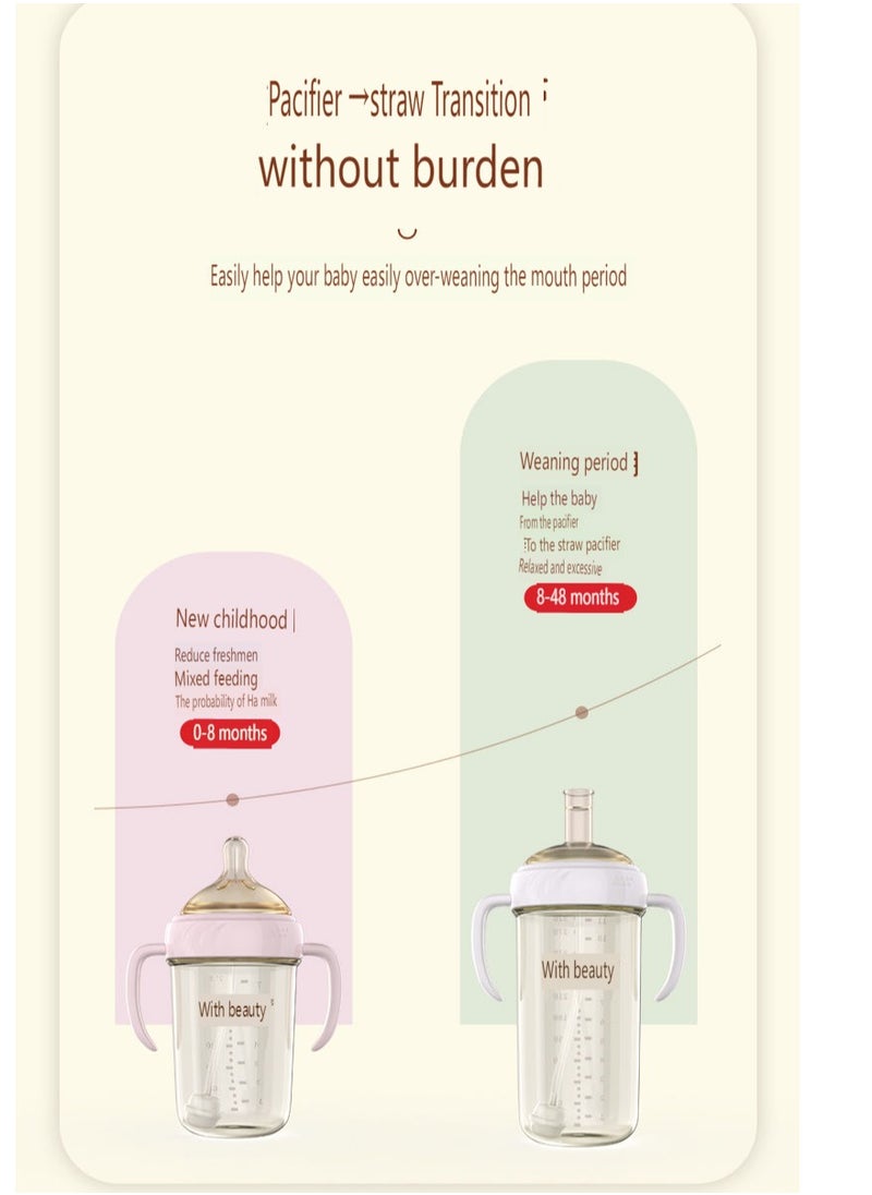 Weaning and drinking water cup for newborn babies aged 1-3 and above. Imitation breast milk straw, anti bloating juice bottle, pink 320ml imitation breast milk bottle, one cup with three lids: nipple, duckbill, and bite nozzle