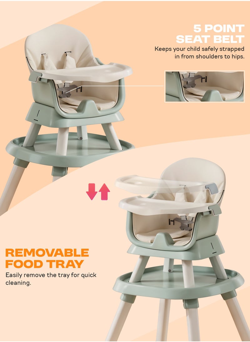 6 in 1 Convertible Baby High Chair for Kids, Baby Feeding with 2 Adjustable Heights, 5 Point Safety Belt And Tray, Kids High Chair for Baby 1 to 5 Years Green