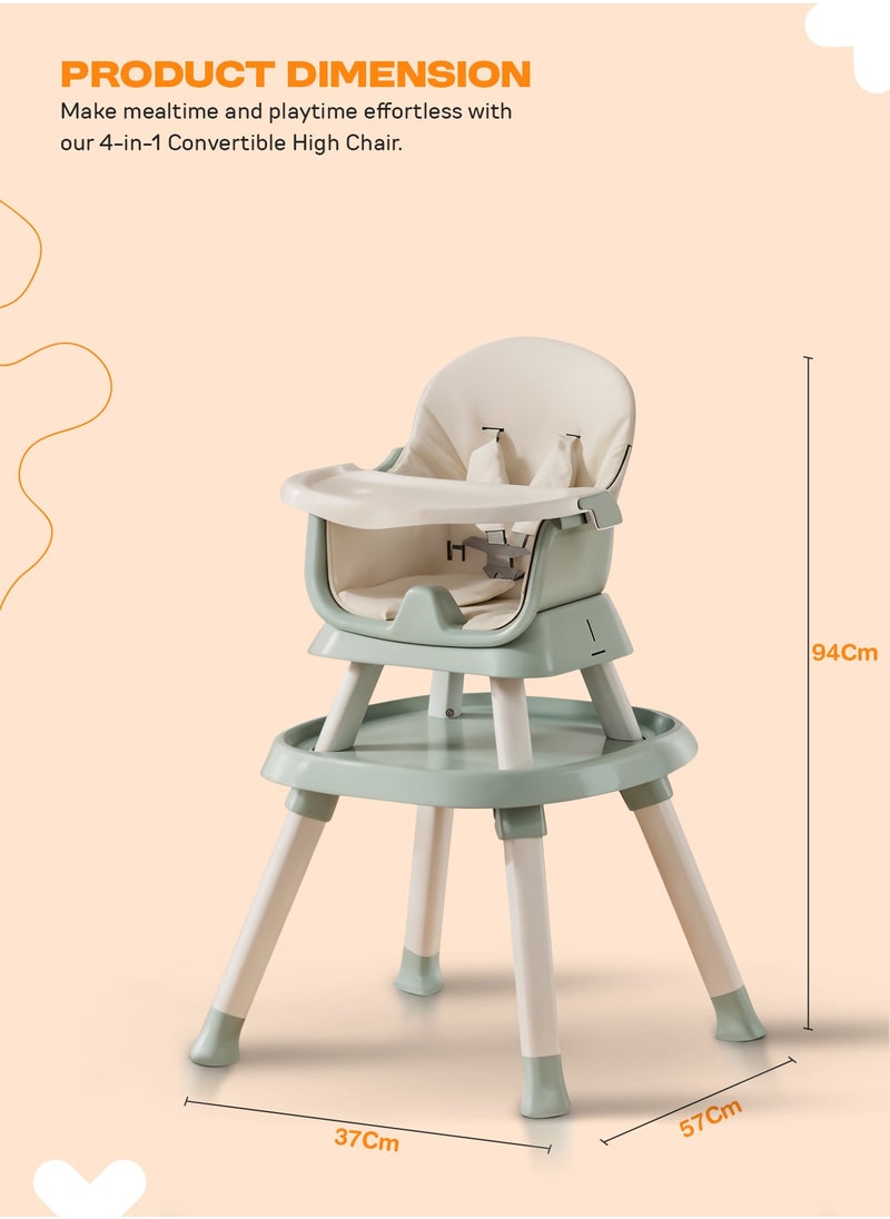 6 in 1 Convertible Baby High Chair for Kids, Baby Feeding with 2 Adjustable Heights, 5 Point Safety Belt And Tray, Kids High Chair for Baby 1 to 5 Years Green