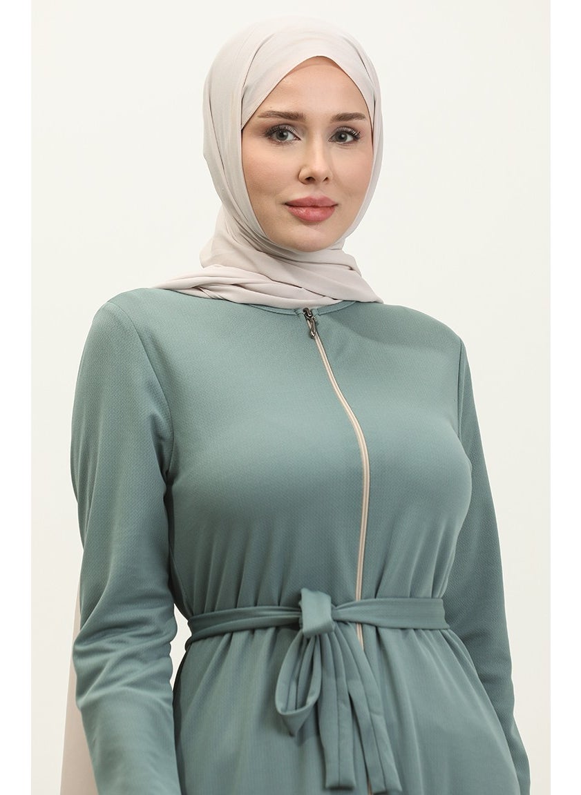 Pleated Belted Abaya 0703-01 Almond Green