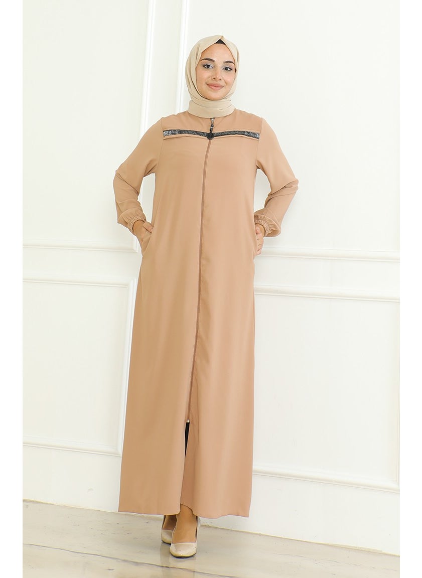 Elastic Sleeve Zippered Abaya 0475-02 Milk Coffee