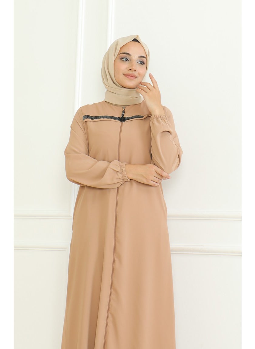 Elastic Sleeve Zippered Abaya 0475-02 Milk Coffee