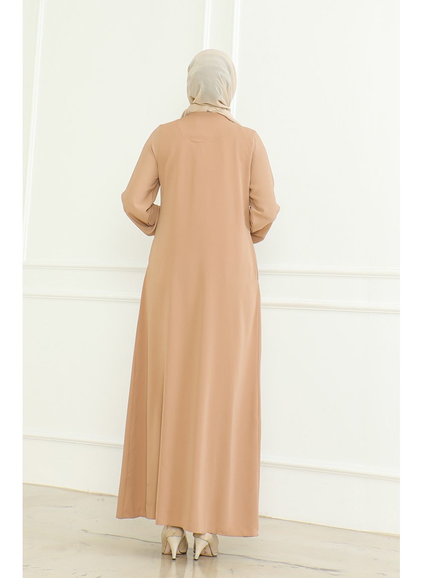 Elastic Sleeve Zippered Abaya 0475-02 Milk Coffee