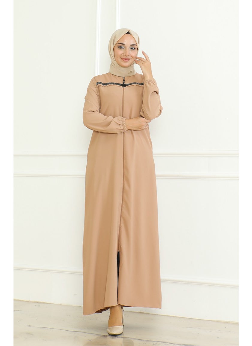 Elastic Sleeve Zippered Abaya 0475-02 Milk Coffee