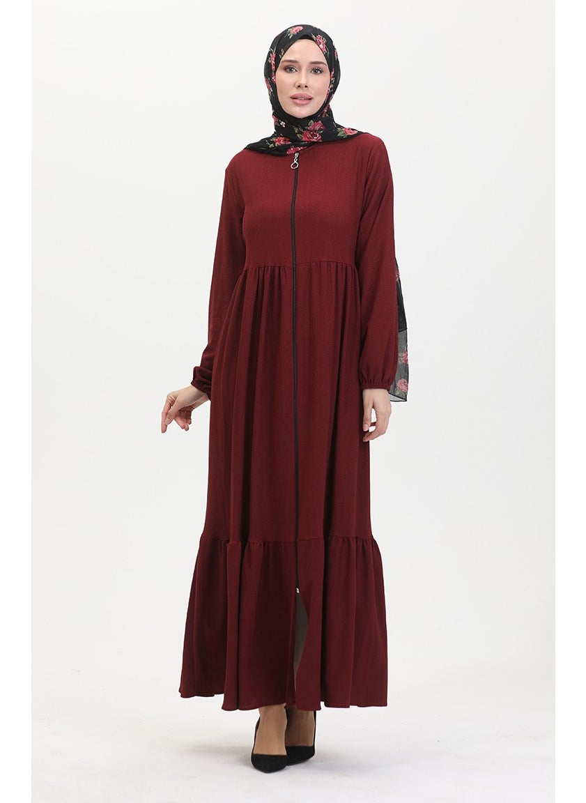 Bürümcük Fabric Shirred Zippered Abaya 1018-09 Claret Red
