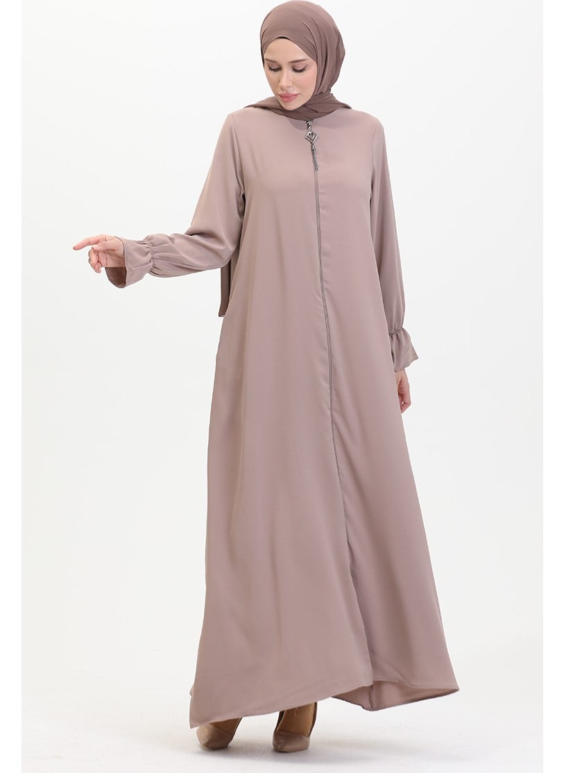 Elastic Sleeve Zippered Abaya 0513-02 Mink