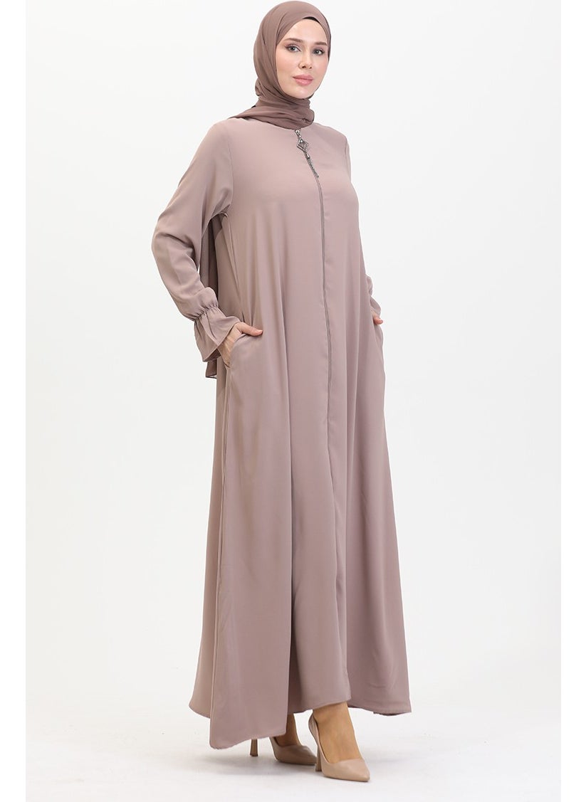 Elastic Sleeve Zippered Abaya 0513-02 Mink