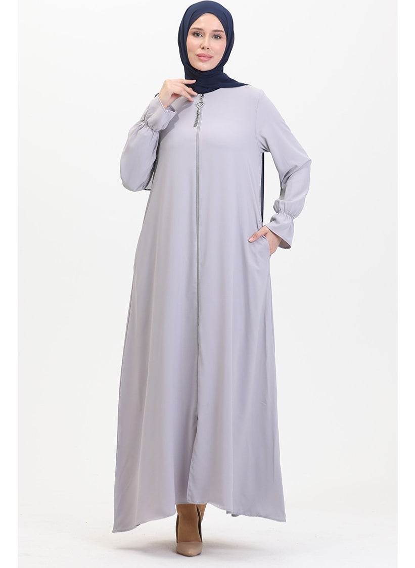 Elastic Sleeve Zippered Abaya 0513-01 Gray