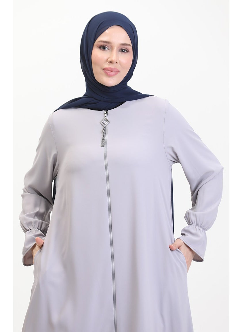 Elastic Sleeve Zippered Abaya 0513-01 Gray