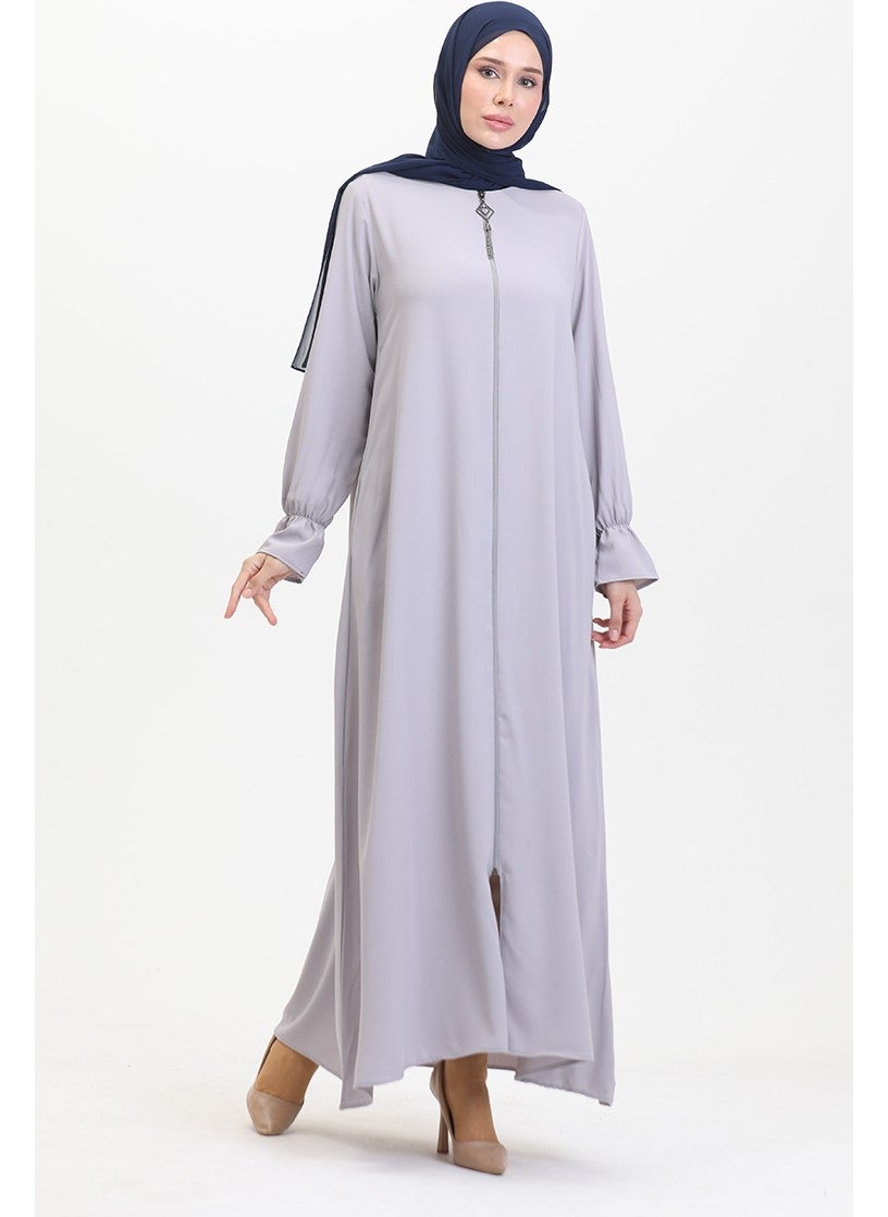 Elastic Sleeve Zippered Abaya 0513-01 Gray