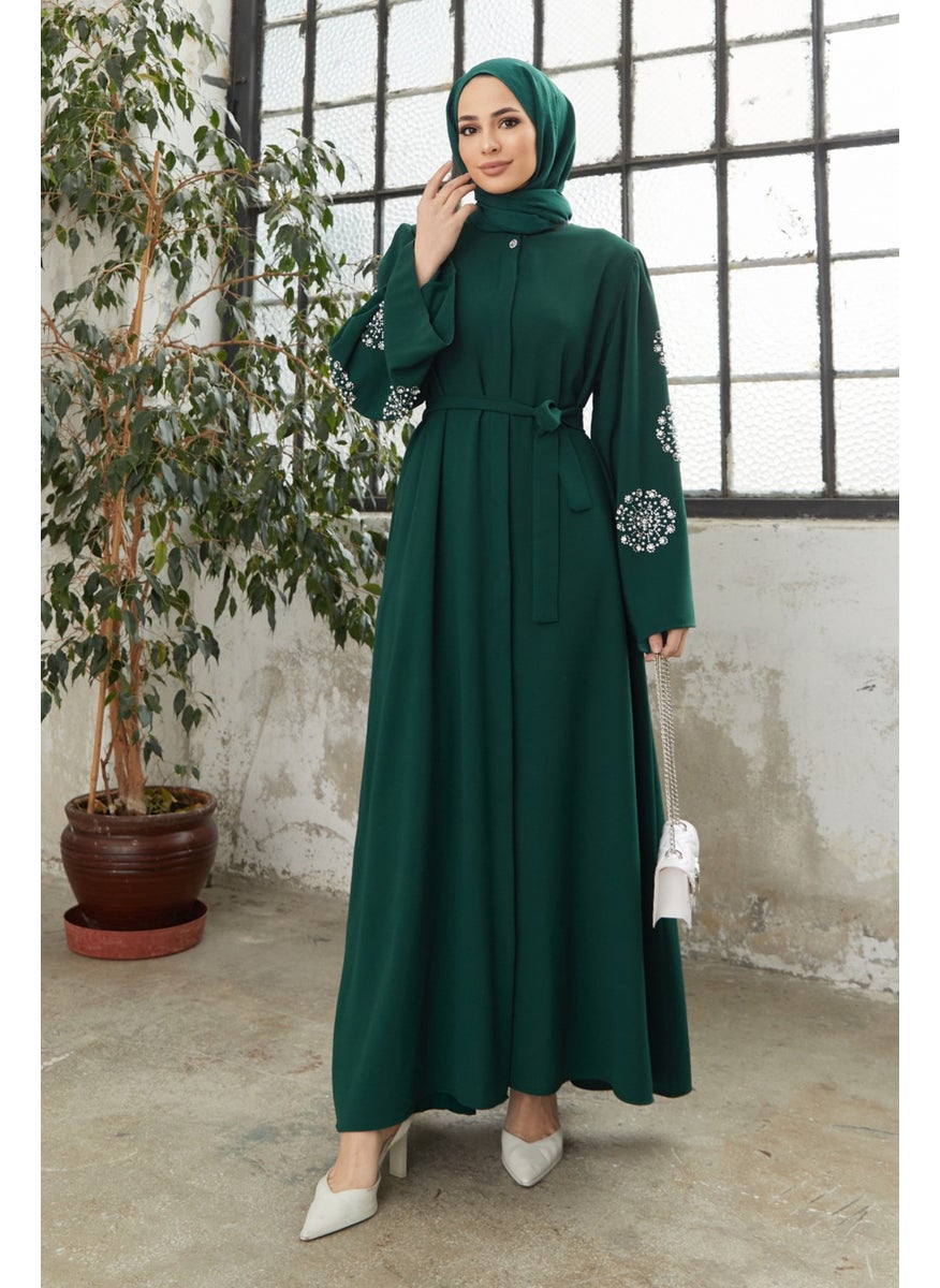 Liva Abaya with Stoned Sleeves - Emerald