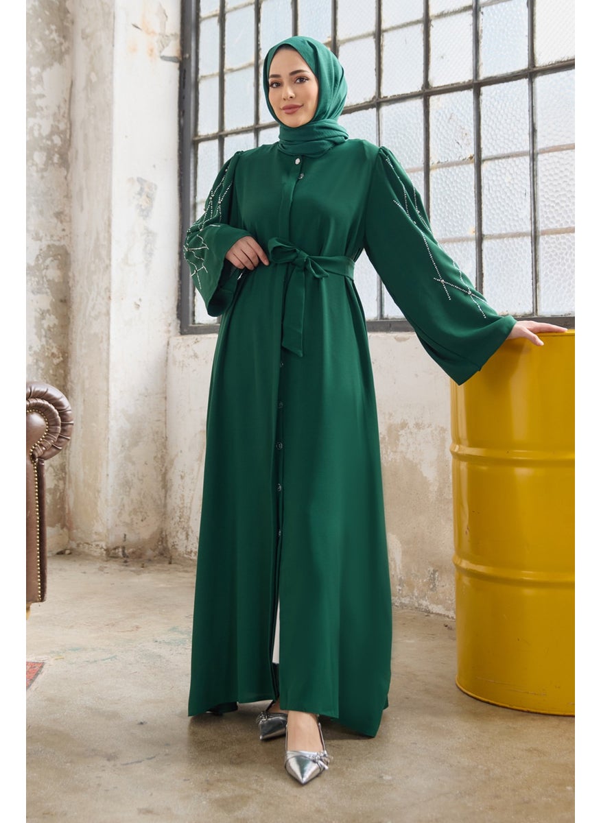 Abaya with Stone Embroidered Sleeves - Emerald