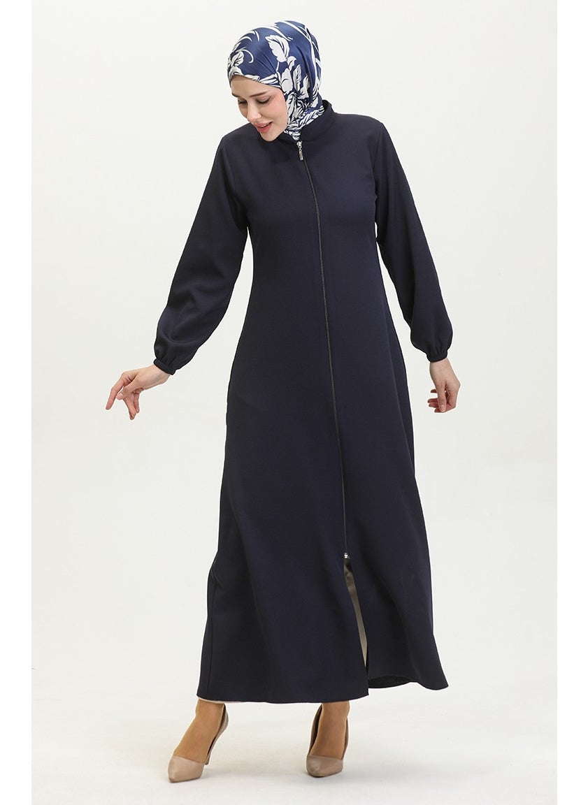 Elasticated Sleeve Zippered Plain Abaya 1013-03 Navy Blue