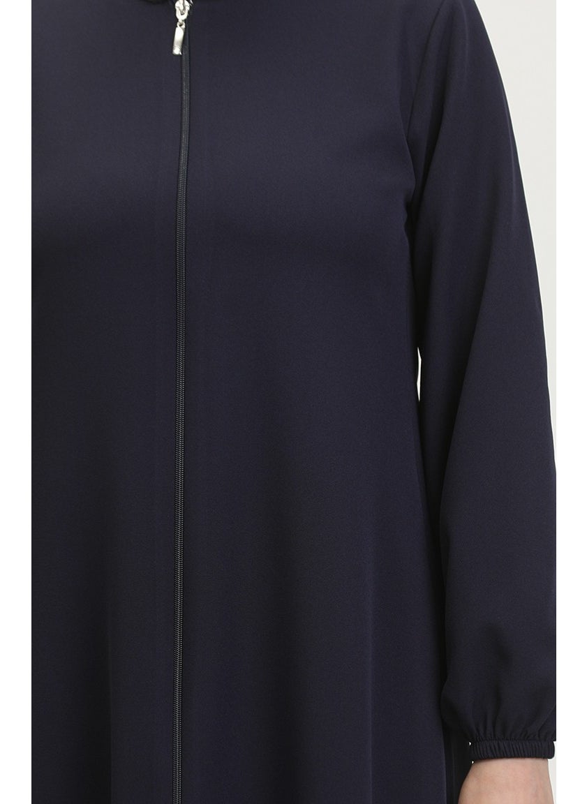 Elasticated Sleeve Zippered Plain Abaya 1013-03 Navy Blue