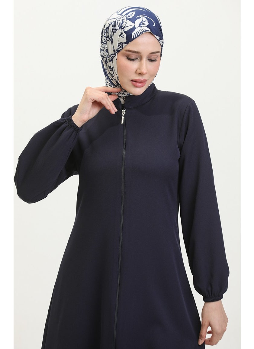 Elasticated Sleeve Zippered Plain Abaya 1013-03 Navy Blue
