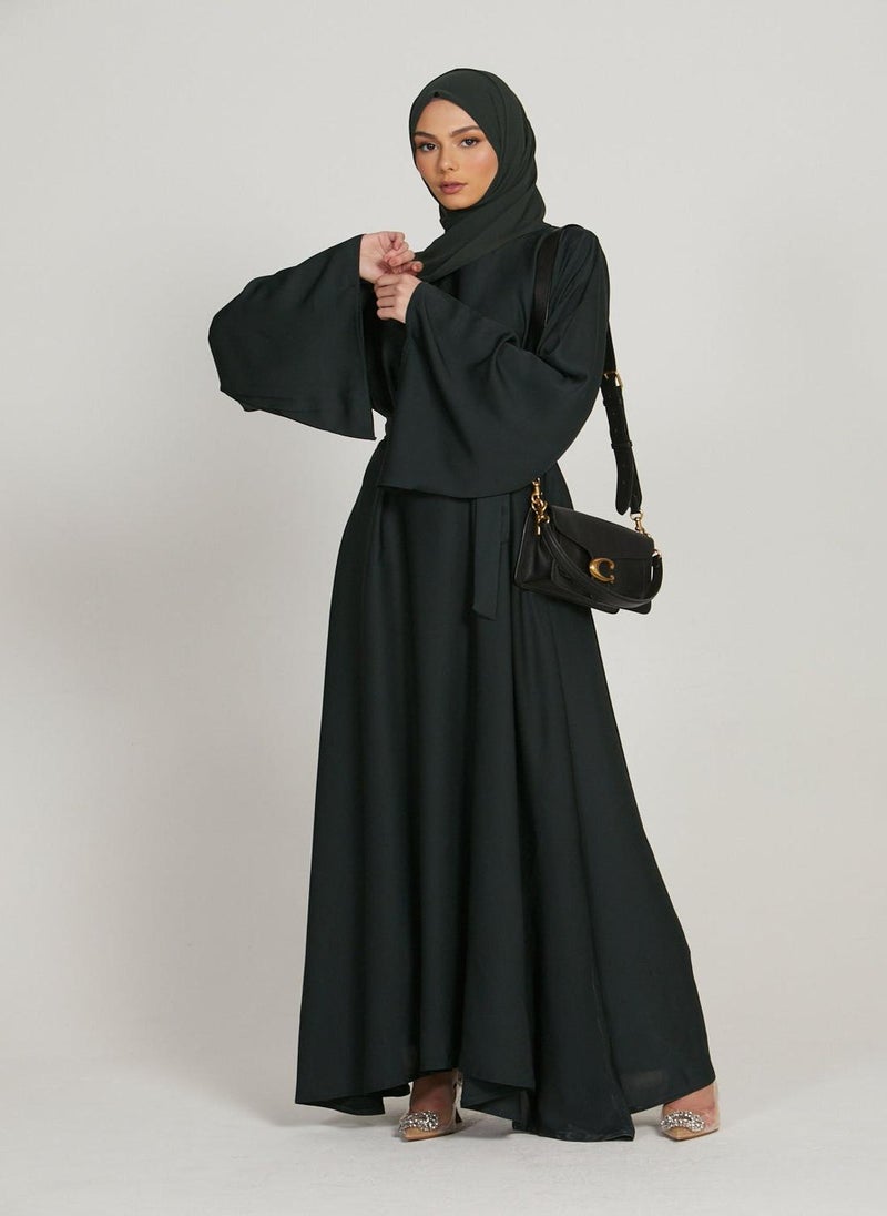 Black Nida Flared Sleeves Tie-Up Belted Abaya with Hijab-AB51