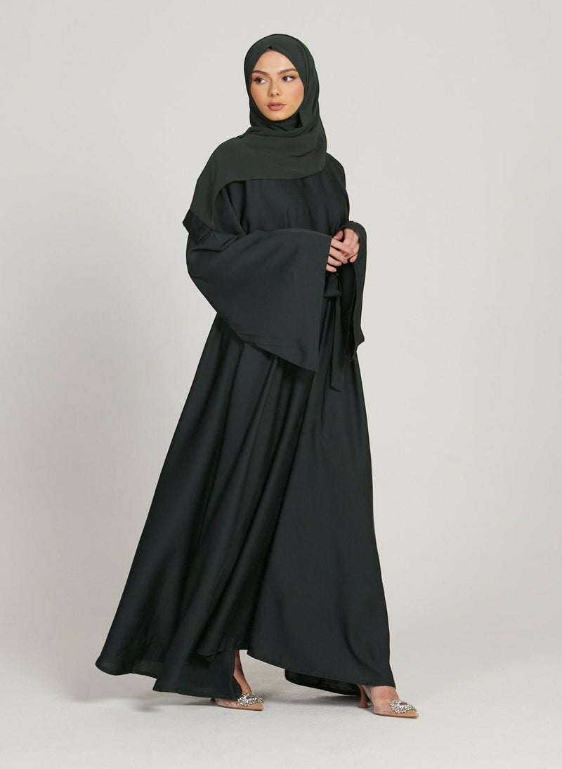 Black Nida Flared Sleeves Tie-Up Belted Abaya with Hijab-AB51