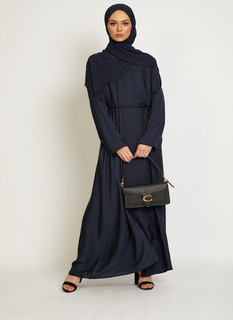 Elegant Navy Blue plain abaya wityh belt and Hijab-AB86